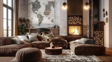 gemütlich Hütten-inspiriert Leben Zimmer mit einladend Kamin und rustikal Dekor foto