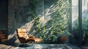 elegant Sessel positioniert in der Nähe von ein groß Fenster mit Blick auf ein üppig Innen- Garten, Erstellen ein heiter und friedlich Umgebung zum Entspannung und foto