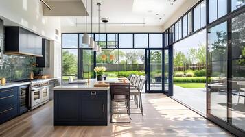 rationalisiert modern Bauernhaus Küche mit Marine Blau Schränke und Zugriff zu ein Grün Garten foto