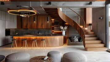 hochmodern Küche und Leben Bereich mit ein gebogen hölzern Treppe im industriell schick Stil foto