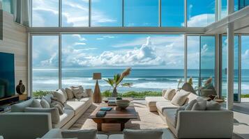 stilvoll direkt am Strand Villa im bali Ultraluxus Innere Design mit Panorama- Ozean Ansichten foto
