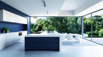 stilvoll minimalistisch Küche mit Lapis Lazzuli Insel und Grün Aussicht foto