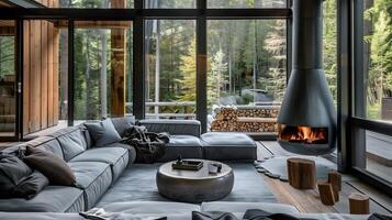 modern Kabine Innere mit Plüsch grau Sofas und vom Boden bis zur Decke Fenster mit Blick auf ein lebhaft Wald Szene foto