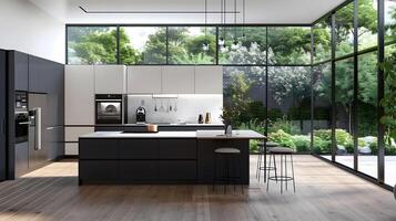 glatt modern Küche mit luxuriös Design und heiter Garten Aussicht enthüllt durch groß Fenster foto