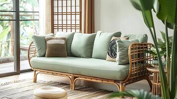 heiter japandi Leben Zimmer Rattan Sofa mit Licht Grün Kissen und Bambus Rahmen inmitten üppig Pflanzen und natürlich Sonnenlicht foto