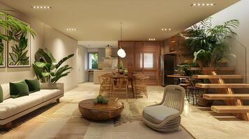 anspruchsvoll Leben Zimmer und Essen Bereich im ein modern Tulum-Stil Stadthaus mit Olive Grün Akzente und Holz Einzelheiten foto