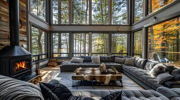 geräumig Leben Zimmer mit modern Kamin und Wald Aussicht im beschwingt Herbst Farbtöne foto