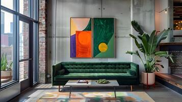 anspruchsvoll Treffen Platz ein Grün Samt Sofa im ein industriell Dachgeschoss foto