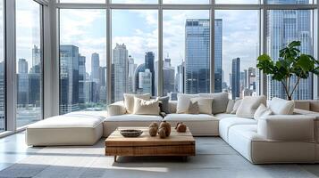 geräumig Leben Zimmer mit Stadt Horizont Aussicht modern Komfort und Luxus foto