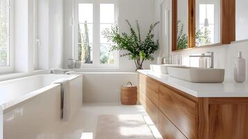 heiter minimalistisch Badezimmer mit elegant Badewanne und natürlich Holz Akzente foto