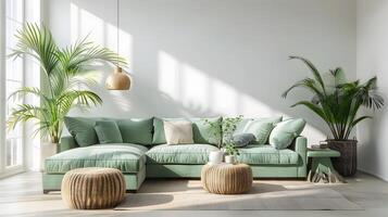 Salbei Grün Sofa im minimalistisch skandinavisch Leben Zimmer mit Pflanzen und natürlich Licht foto