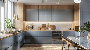 skandinavisch Küche modern Eleganz mit Asche Holz und Blau grau Schatten foto