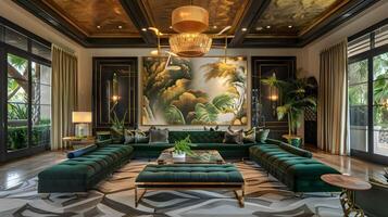 opulent Leben Zimmer mit Grün Samt Sofas und Gold Akzente einstellen gegen ein tropisch Landschaft Gemälde foto