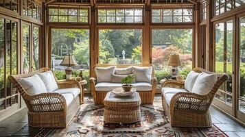 strahlend Wintergarten mit Korbweide Möbel ein einladend Ecke von gemütlich Ruhe im ein Neu England Villa foto