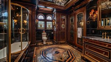 aufwendig hölzern Paneele und befleckt Glas ein luxuriös Badezimmer präsentieren historisch Eleganz und Opulenz foto