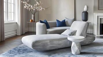 heiter Luxus minimalistisch Leben Raum geschmückt mit grau Chaise Salon und Blau Kissen foto