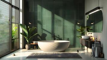 modern Badezimmer mit tief Wald Grün geometrisch Akzent Mauer aalen im Sanft warm Sonnenlicht foto