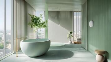 minimalistisch Badezimmer mit Licht Grün Akzent Wände und Stadt Aussicht Horizont im heiter städtisch Raum foto
