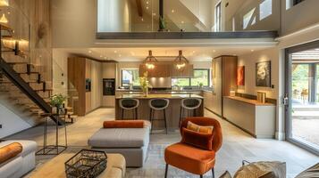modern Luxus Innere im bewaldet öffnen planen Küche und Leben Raum mit neutral Farben und Orange Akzente foto