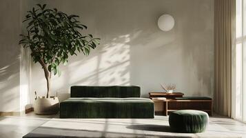 minimalistisch Leben Zimmer mit Grün Samt Sofa sonnt sich im heiter natürlich Licht und Pflanze Schatten foto