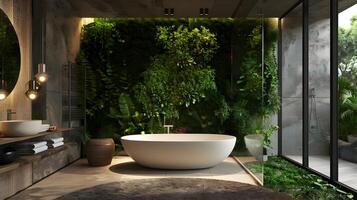 luxuriös Badezimmer Oase mit Vertikale Garten Akzent Mauer und freistehend Wanne, verkörpern umweltfreundlich Design und Gelassenheit foto