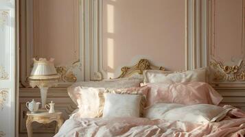 luxuriös französische Art Schlafzimmer im Pastell- Rosa und Gold ausströmend Eleganz und Komfort foto