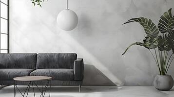 minimalistisch Leben Zimmer mit grau Sofa und Beton Mauer modern skandinavisch Design mit sauber Produkt Präsentation Raum foto