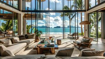 Luxus thailändisch Villa Leben Zimmer mit Panorama- Meer Aussicht und tropisch Landschaft foto