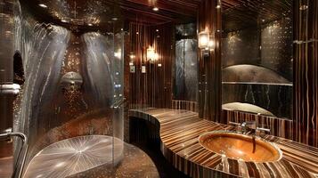 Luxus Badezimmer Oase modern Regenthema Dampf Zimmer mit rostfrei Stahl und Holz sinken foto