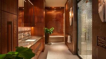 luxuriös Badezimmer Design durch zaha hadid und Kengo kuma Mahagoni Marmor, und Mosaik Fliesen foto