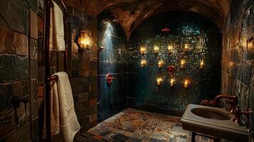 mittelalterlich inspiriert Badezimmer geschmückt mit Mosaik Fliesen und Kupfer Rohre aalen im Umgebungs Licht foto