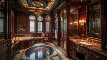 elegant Opulenz ein verschwenderisch Badezimmer mit befleckt Glas und Marmor Akzente foto