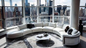 elegant Neu York Penthouse Leben Zimmer mit luxuriös gebogen Sofa und Panorama- Stadt Ansichten foto