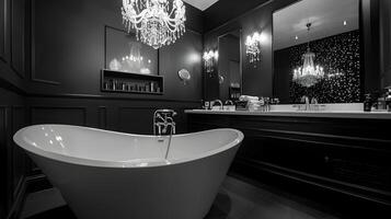 elegant einfarbig Badezimmer mit luxuriös freistehend Wanne und Kristall Leuchter foto