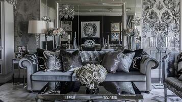 elegant Leben Zimmer mit Silber und schwarz gemustert Hintergrund und üppig grau Samt Sofa foto