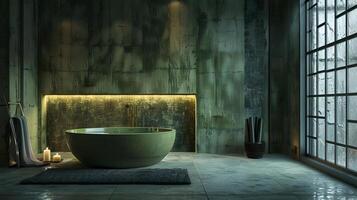 industriell schick Badezimmer mit texturiert Olive Grün Mauer und beleuchtet runden Wanne foto