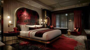 elegant Luxus Hotel Zimmer opulent Bett und Fett gedruckt rot Wandgemälde im modern traditionell Raum foto