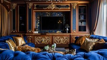 elegant Barock-Stil Leben Zimmer mit königlich Blau Samt Sofa und aufwendig Holz getäfelt Unterhaltung Mauer foto