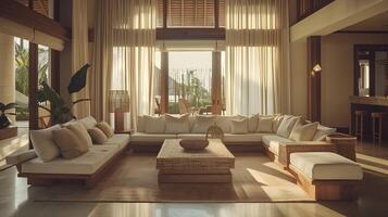 elegant bali Villa Leben Zimmer sonnte sich im warm Sonnenlicht und natürlich Holz Akzente foto