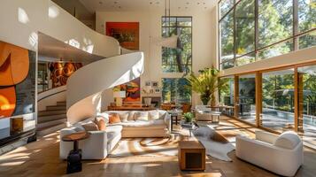 elegant Leben Zimmer im modern Kalifornien Haus mit gebogen Treppe und vom Boden bis zur Decke Fenster mit Blick auf Redwood Wald Hügel foto