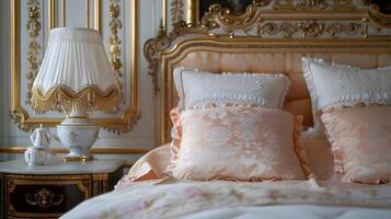 elegant französische Art Schlafzimmer mit Pastell- Farbtöne ausströmend Luxus und Komfort foto