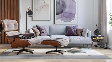 eames Salon Stuhl und Sofa im modern Leben Zimmer Dekor mit lila Akzente und Mauer Kunst foto