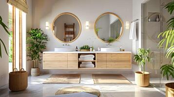 elegant Bambus doppelt Nichtigkeit Badezimmer aalen im Sonnenlicht und Grün foto