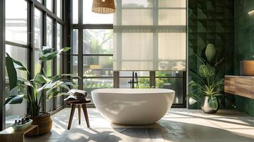umweltfreundlich modern Badezimmer mit Natur inspiriert Design und warm Sonnenlicht foto
