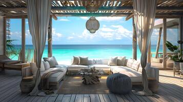 elegant direkt am Strand Cabana mit Blick auf azurblau Ozean ein Küsten Luxus Heiligtum foto