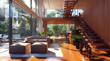 innovativ Leben Zimmer mit Clever offener Steiger Treppe gebadet im strahlend Sonnenschein foto