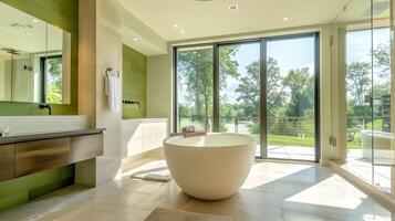 freistehend Wanne Luxus geräumig Badezimmer mit beschwingt Grün Akzent Mauer und Panorama- Ansichten von Natur foto