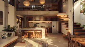 Boho Stil öffnen planen Küche im rustikal Haus, gebadet im natürlich Licht und Wärme foto