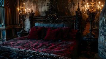 gotisch Eleganz ein mittelalterlich Schloss Schlafzimmer geschmückt mit Samt Kissen und ein Kandelaber Lampe foto