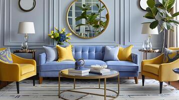 elegant Leben Zimmer mit Blau Sofa und Gelb Akzente im ein beruhigend Atmosphäre foto